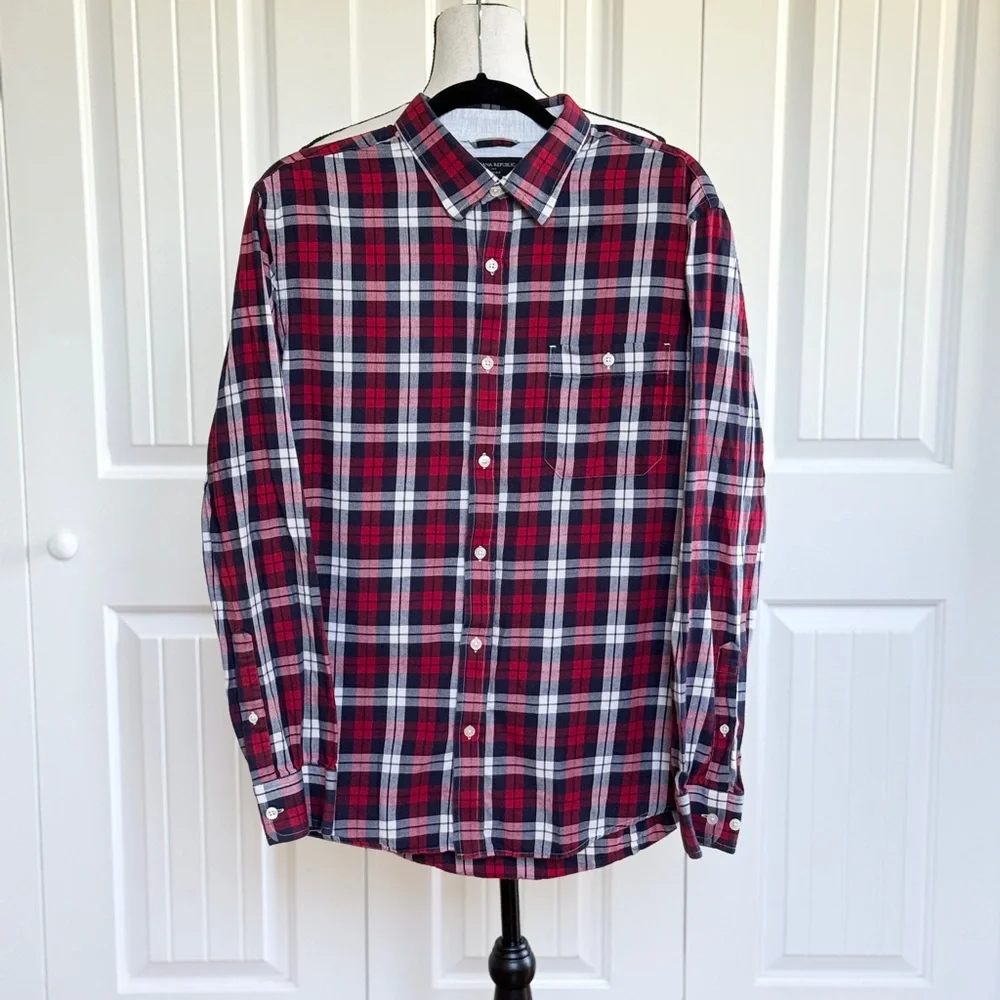 Banana Republic Slim Fit Plaid Shirt Mens Large L Red Navy White Button Down LS